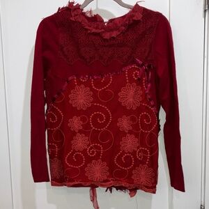 Elegant lace Red Women's cardigan with ribbon roses and button Detailing
